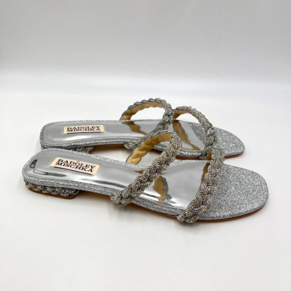 Badgley Mischka Womens Size 8 Femme Silver Jeweled Flat Dress Sandals Shoes